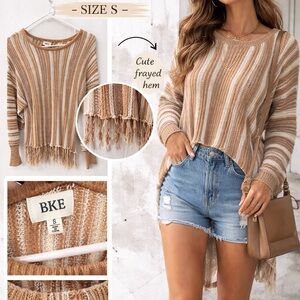 BKE Women's Frayed Hem Striped Sweater